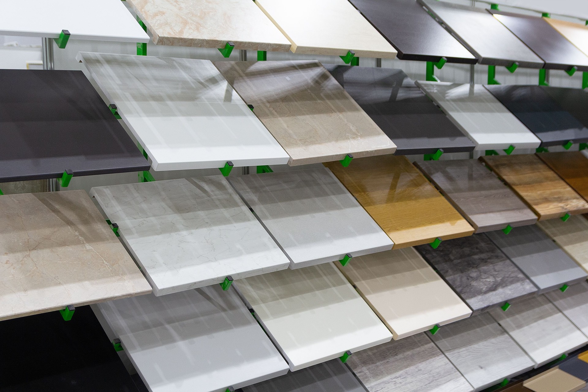 Catalog of samples of materials for kitchen countertops, facades made of artificial stone, plastic, laminate and chipboard.