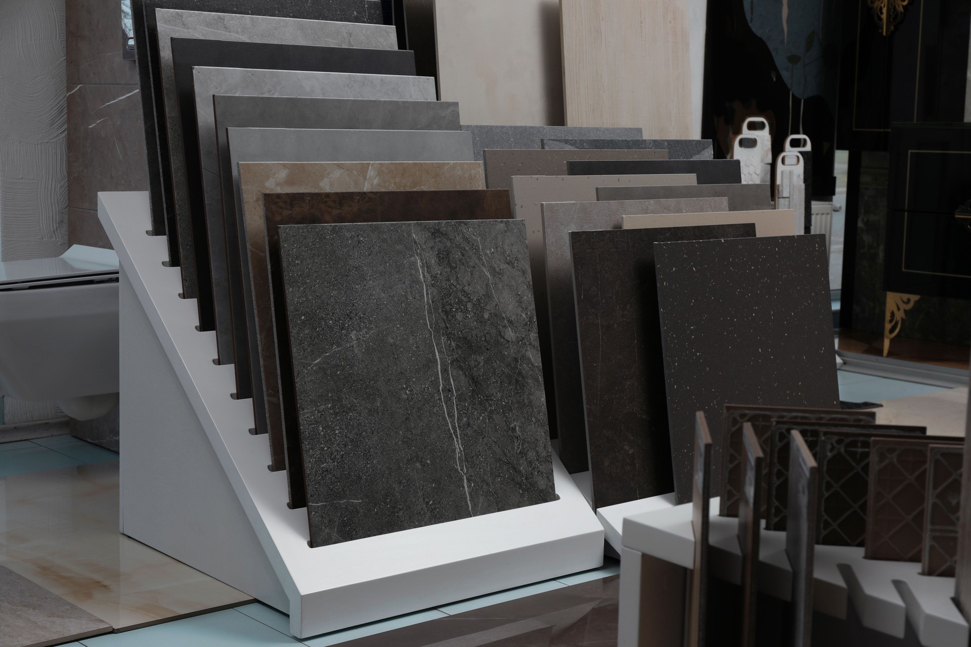 Many different samples of tiles on display in store
